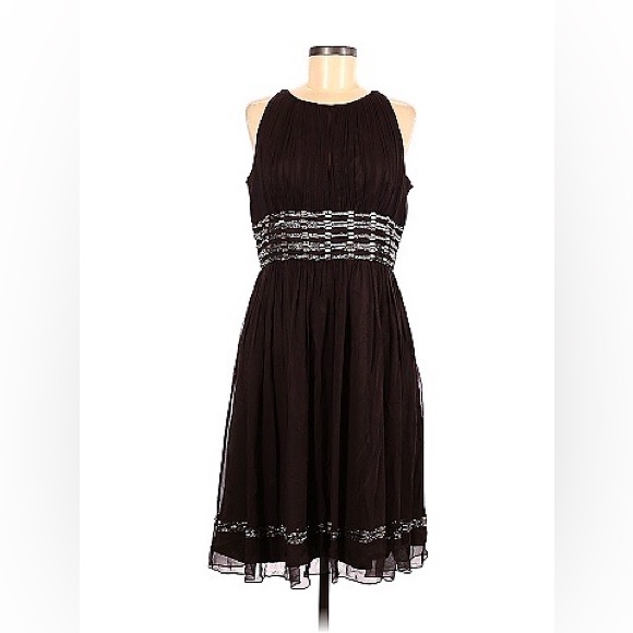 ADRIANNA PAPELL size 12 BROWN beaded silk A-line dress in excellent condition